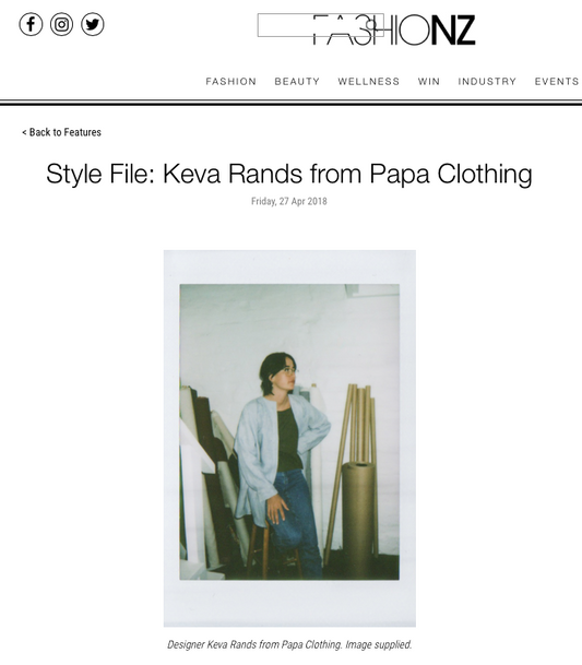 FashioNZ: A style file on Keva Rands from Papa Clothing., 2018