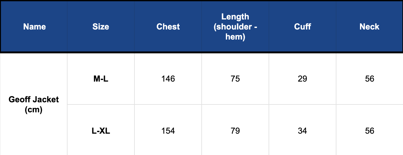 Geoff Jacket size guide by Papa clothing