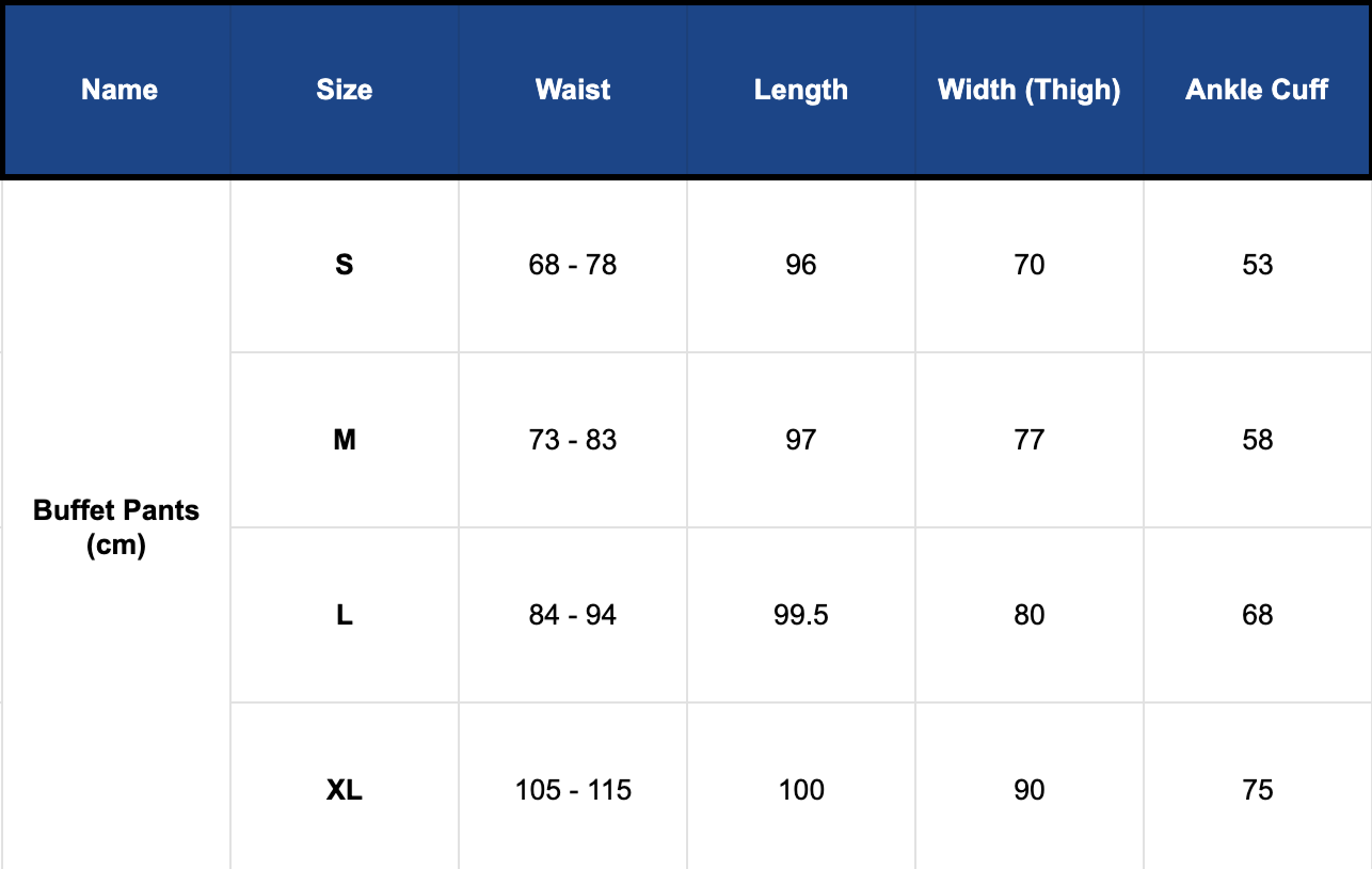 Buffet Pants size guide by papa clothing