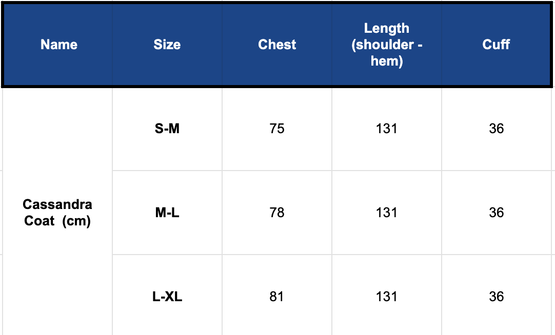 Cassandra Coat size guide by papa clothing