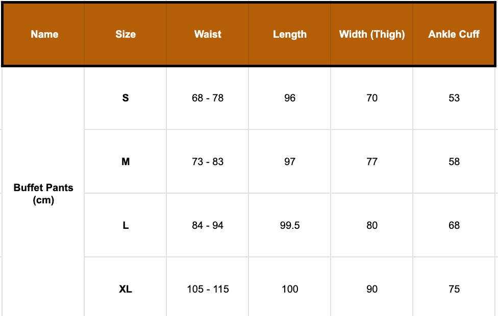 Buffet Pants size guide by Papa Clothing