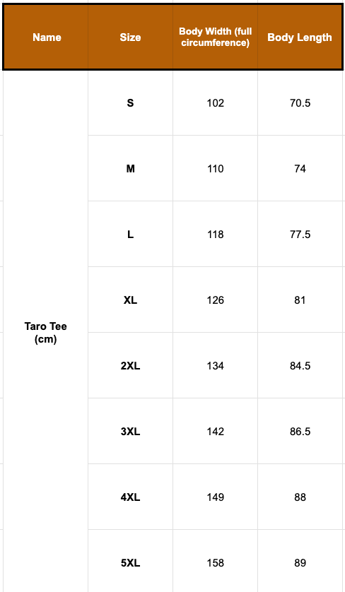 Taro Tee size guide by papa clothing