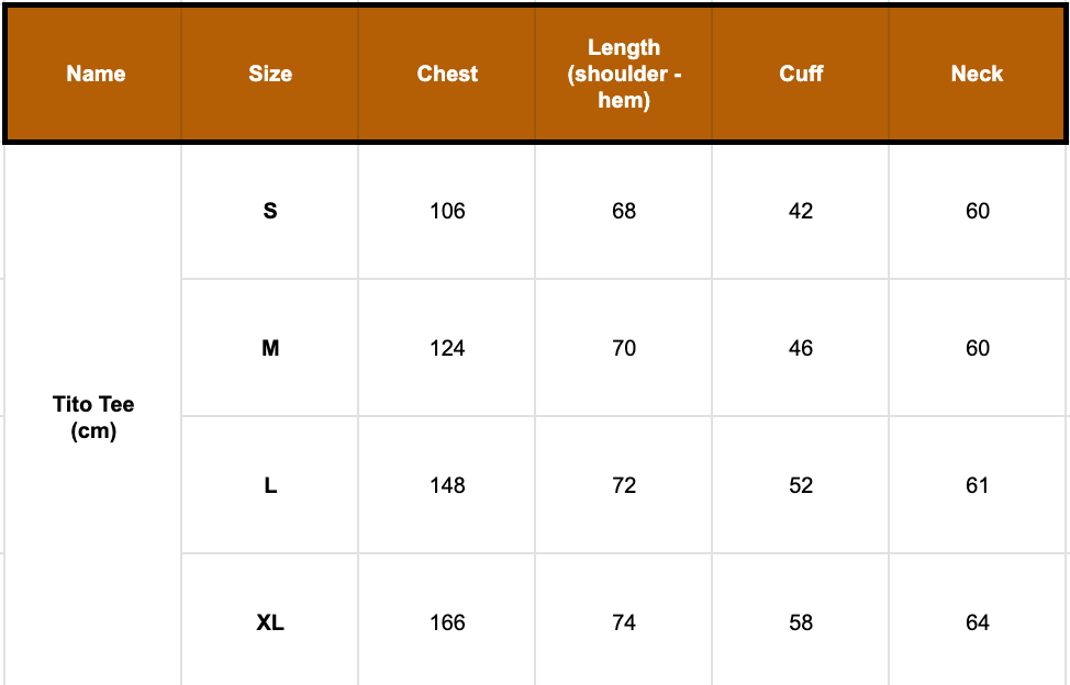 Tito Tee size guide by papa clothing