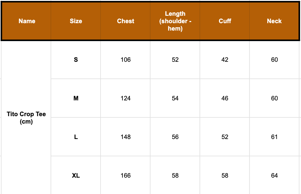 Tito Crop tee size guide by papa clothing