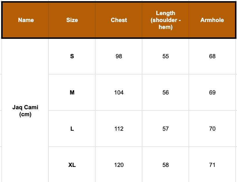 Jaq Cami size guide by papa clothing