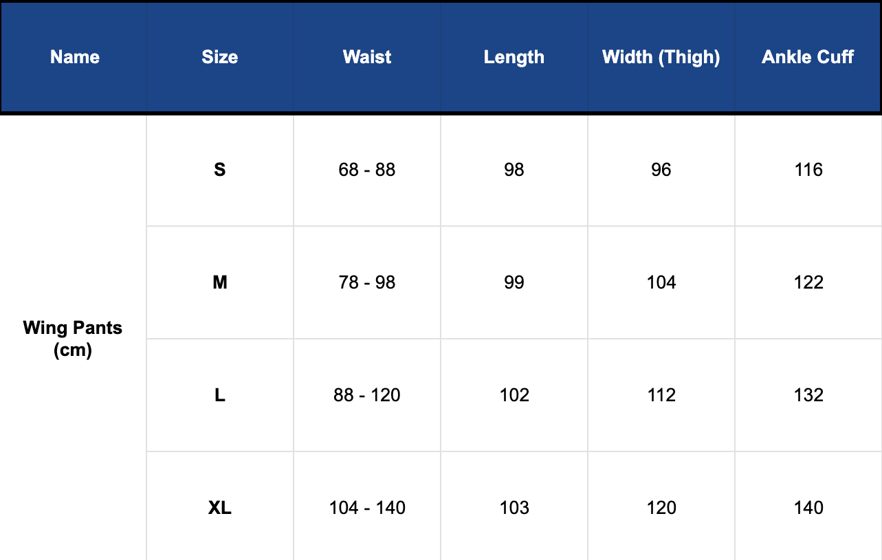 Wing Pants size guide by papa clothing