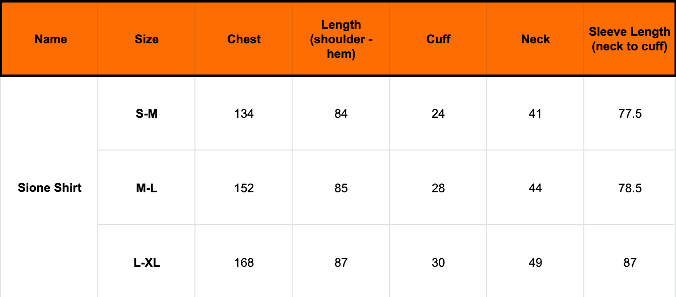 Sione Shirt size guide by papa clothing